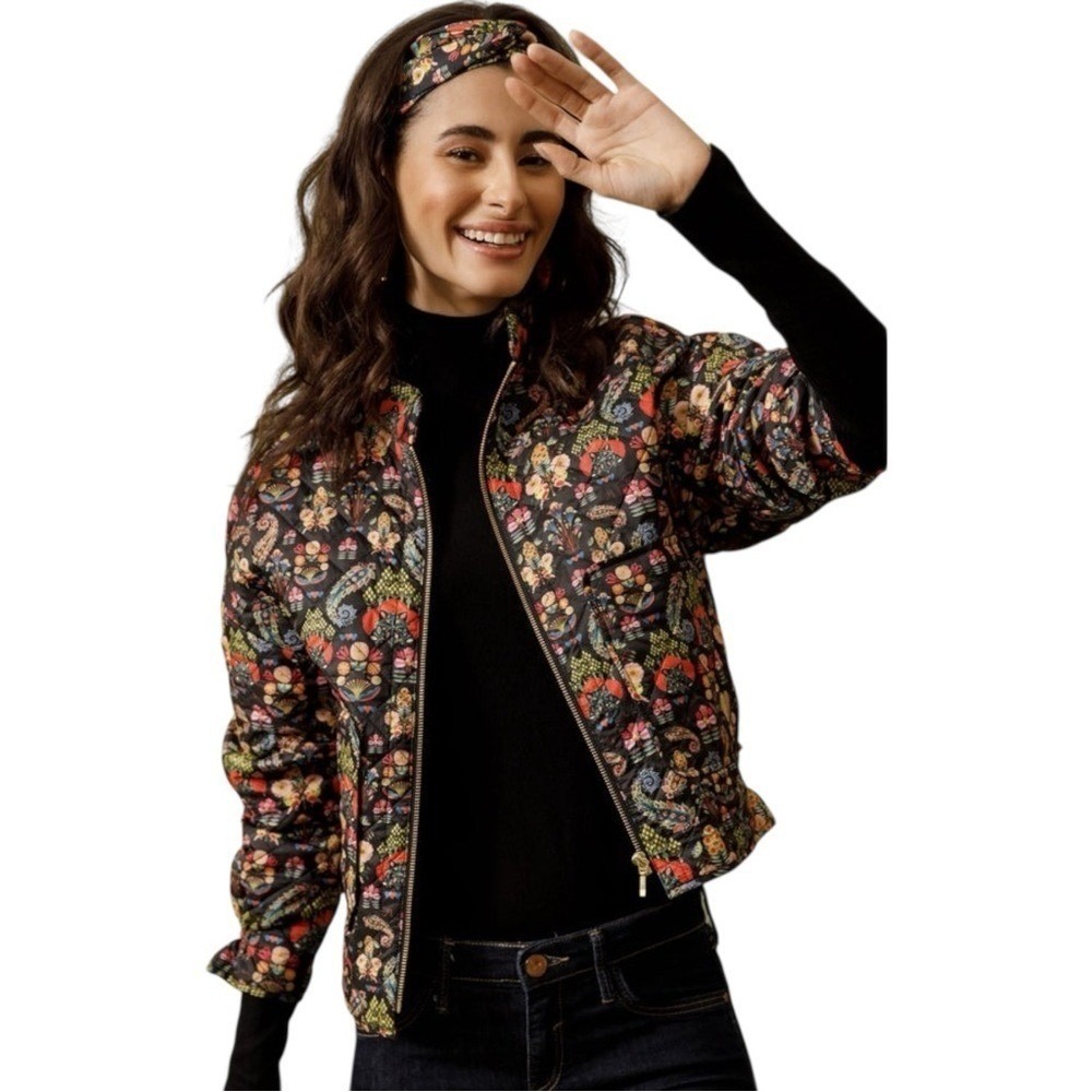 EMILY LOVELOCK Chelsea Quilted Bomber Jacket Black Vibrant 70s Print XS $230